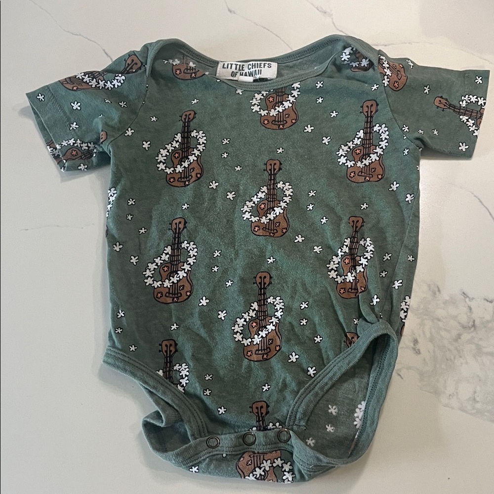 Little Chiefs of Hawaii Green Floral Ukulele Baby Onesie